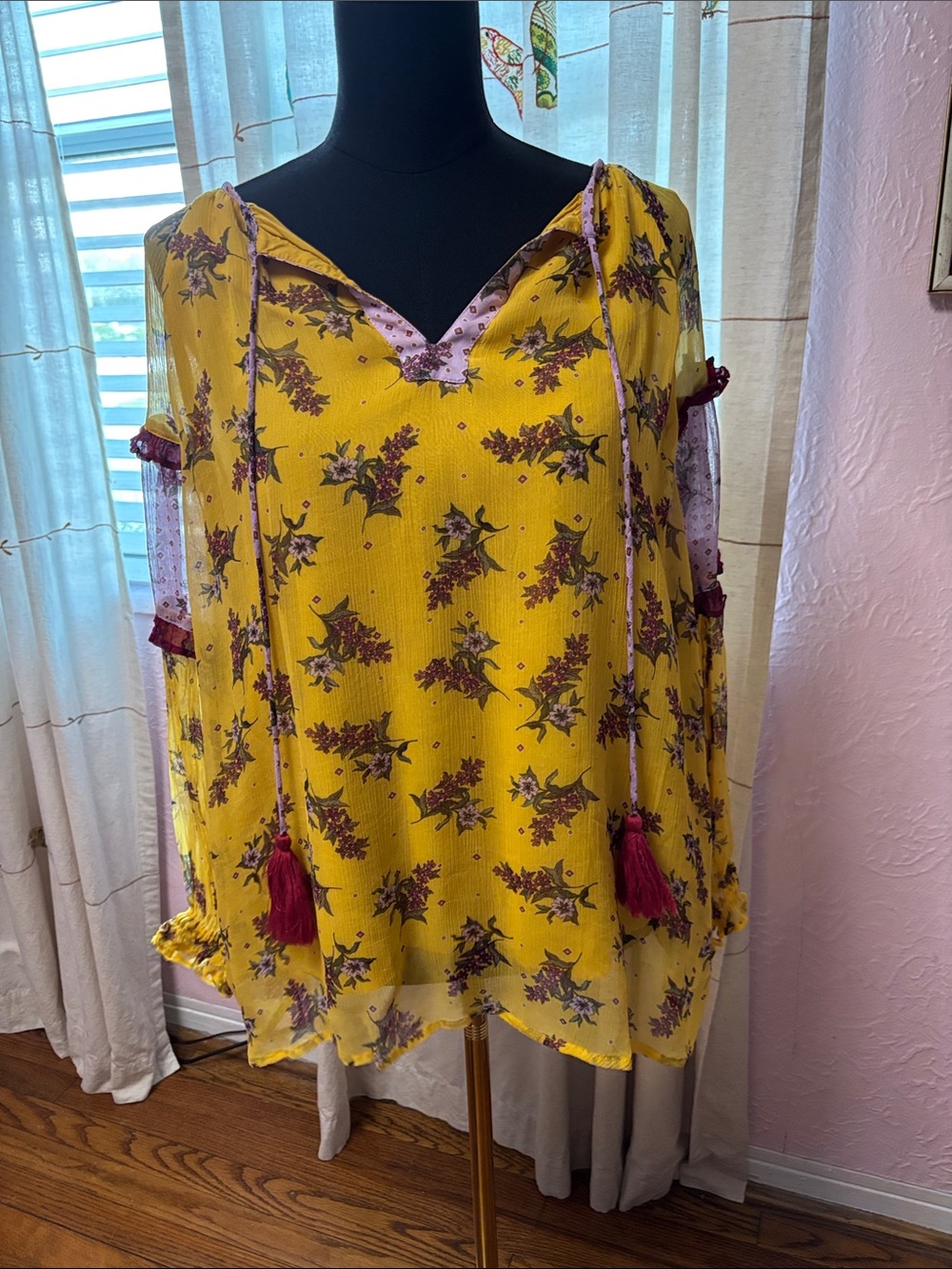 Sundance Yellow Floral Blouse with Maroon Tassels